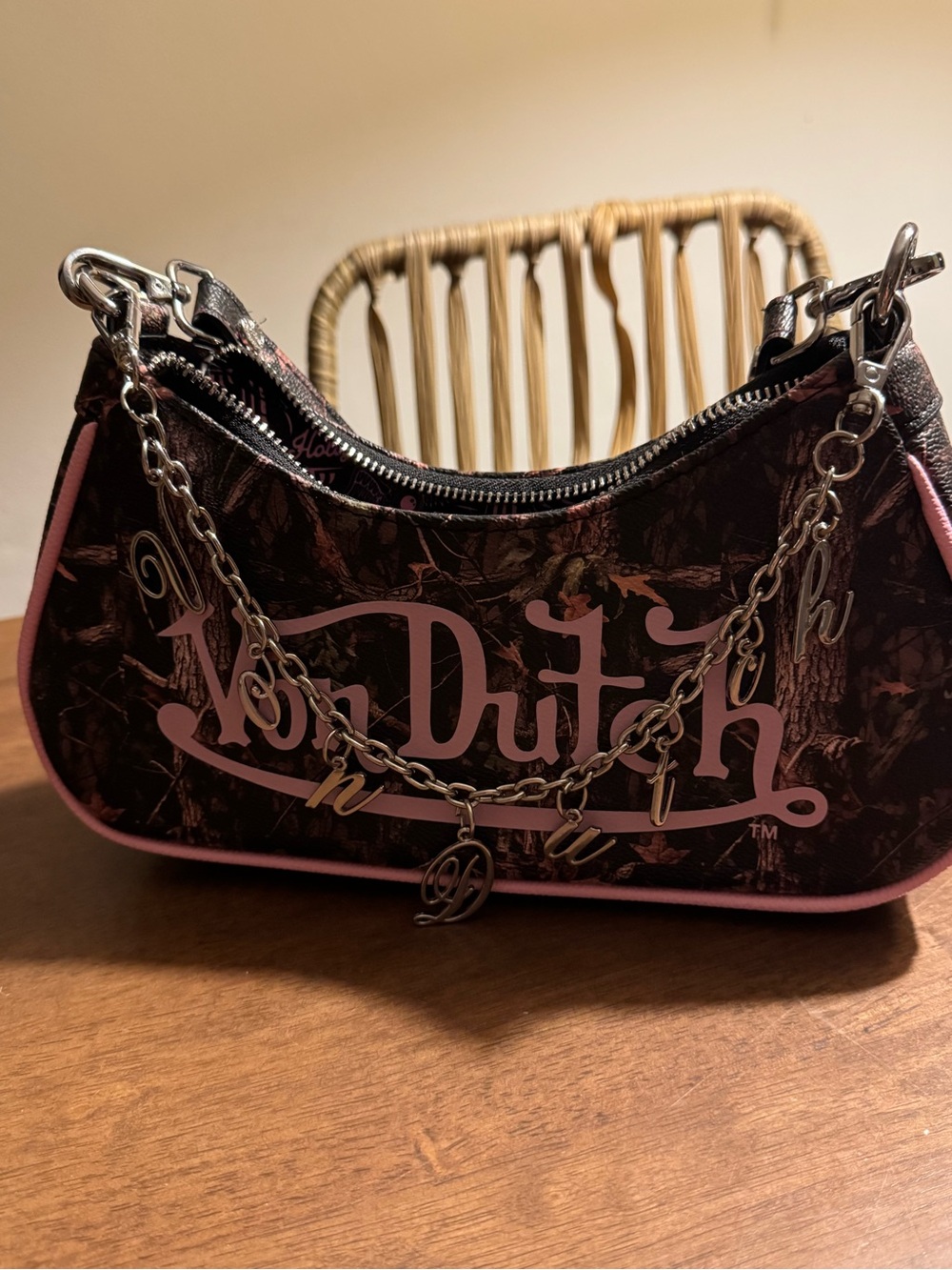 Von Dutch Pink Trim Camo Shoulder Bag